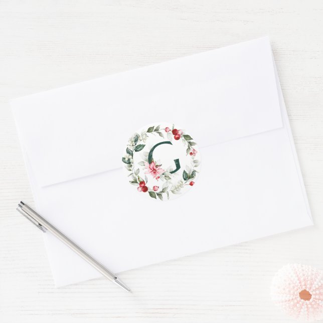 Winter Berries Monogram G Small Round Labels Runder Aufkleber (Umschlag)