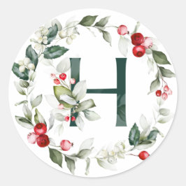 Winter Berries Monogram H Small Round Labels Runder Aufkleber