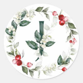 Winter Berries Monogram J Small Round Labels Runder Aufkleber