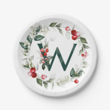 Winter Berries Monogram W Paper Plate