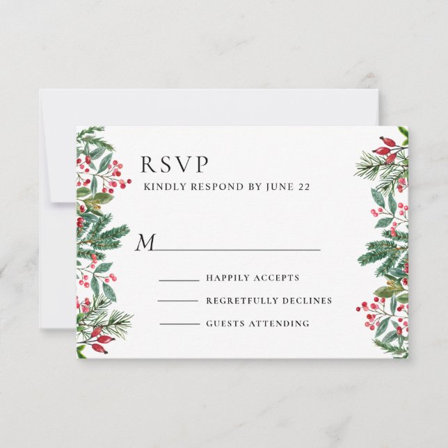 Winter Berries Pine Cone Grüne Hochzeit RSVP Karte (Vorderseite)