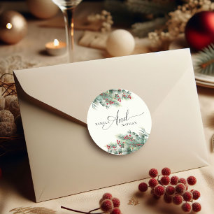 Winter Berries & Pine Weinkeller Hochzeit Runder Aufkleber