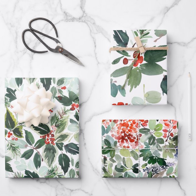 Winter Berries und Grün Weihnachten  Geschenkpapier Set (Vorderseite)
