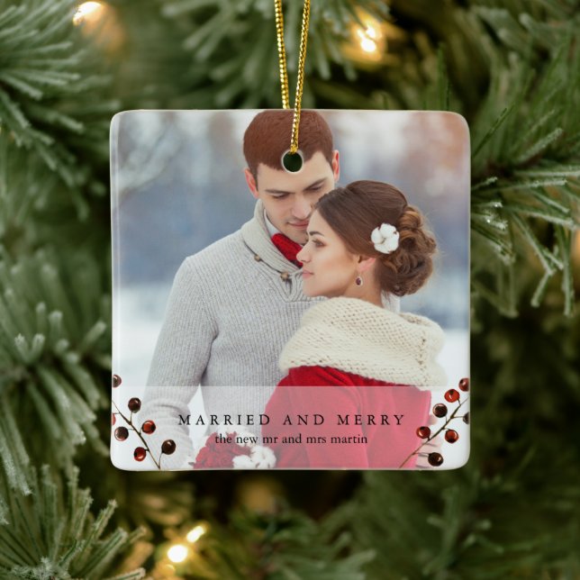 Winter Berries Verheiratet und Merry Foto Ornament (Baum)