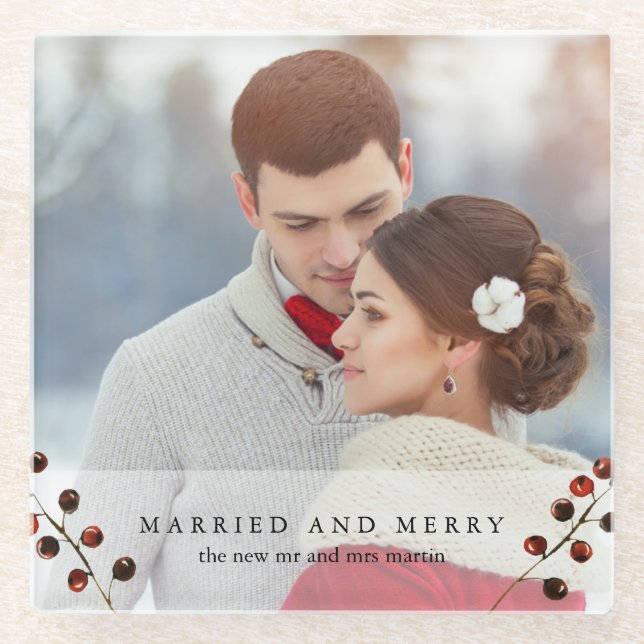 Winter Berries Verheiratet und Merry Foto Unterset Glasuntersetzer (Vorderseite)