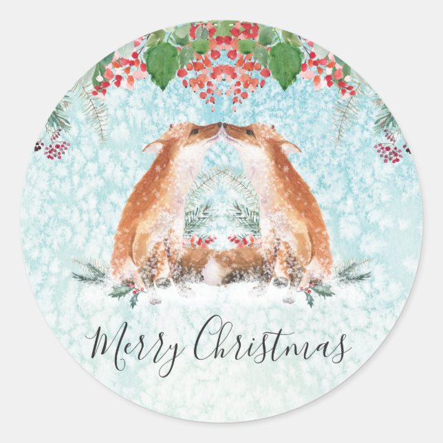 Winter Berries Woodland Fox Frohe Weihnachtsklasse Runder Aufkleber (Vorderseite)