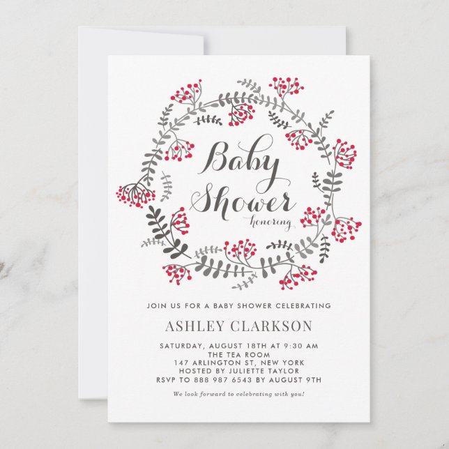 Winter Berries Wreath Baby Dusche Einladung (Vorderseite)