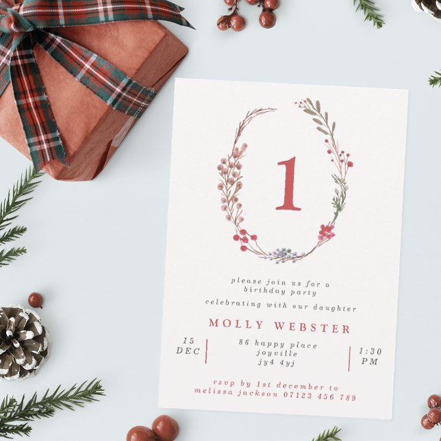 Winter Berries Wreath Girl's 1. Geburtstag Party Einladung (Von Creator hochgeladen)