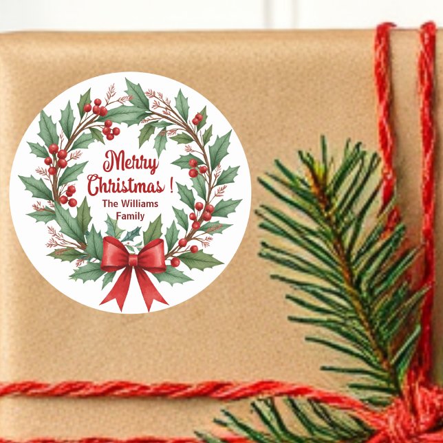 Winter Berries Wreath Red Bow Runder Aufkleber (Von Creator hochgeladen)