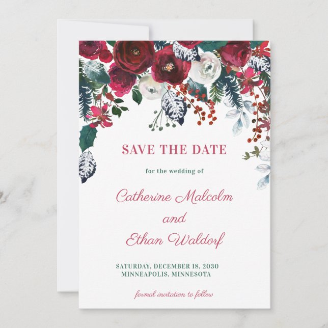 Winter Berry Floral Foto Save the Date Karte (Vorderseite)