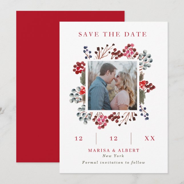 Winter Berry Frame Wedding Foto Save the Date (Vorne/Hinten)