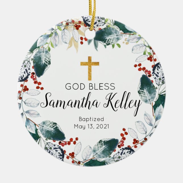 Winter Berry Wreath Personalisiert Girl Baptisse Keramik Ornament (Vorne)