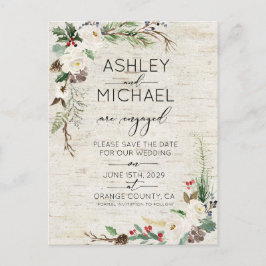 Winter Birch Calligrafy Wedding Save the Date Ankündigungspostkarte