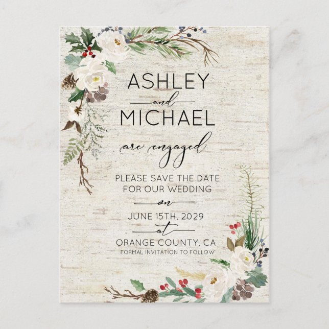 Winter Birch Calligrafy Wedding Save the Date Ankündigungspostkarte (Vorderseite)