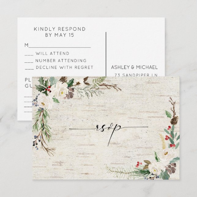 Winter Birch Calligraphy Botanicals Wedding RSVP Einladung (Vorne/Hinten)