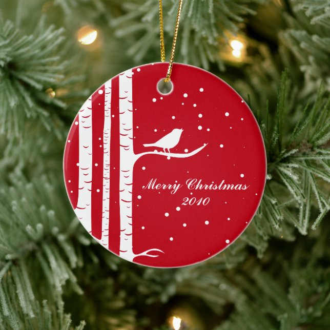 Winter Birch und Vogel Keramik Ornament (Baum)