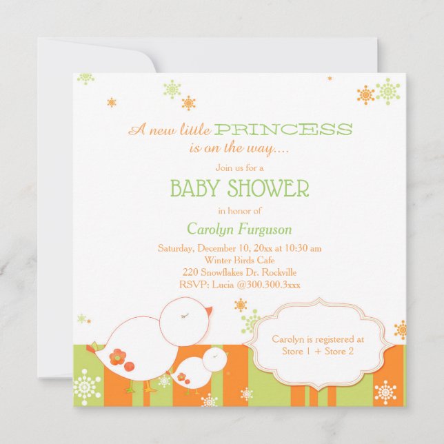 Winter Birds Baby Girl Baby Dusche Einladung (Vorderseite)