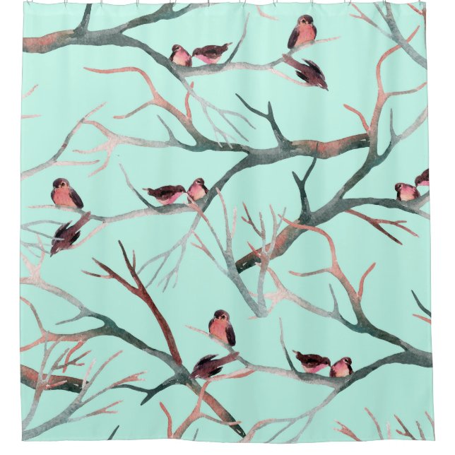 Winter Birds Bäume Branchen Wasserfarbe Duschvorhang (Vorderseite)