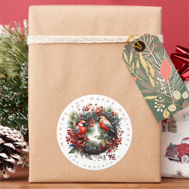 Winter Birds Wreath personalisieren Runder Aufkleber (Feiertag)