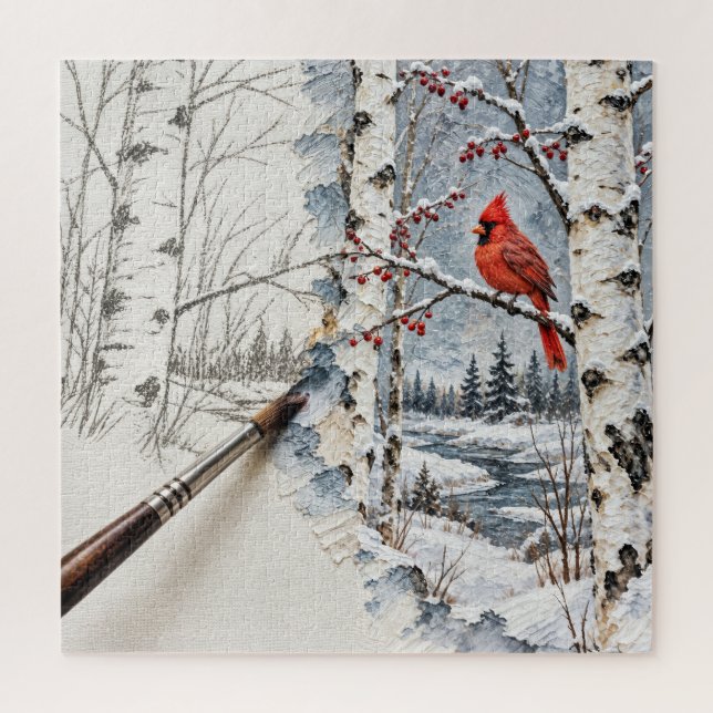 Winter-Birkenwald und Kardinal-Gemälde (Vertikal)