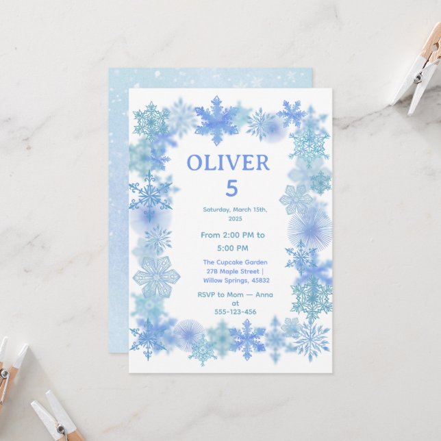 Winter Birthday Invitation, Minimalist Snowflake  Einladung (Vorderseite/Rückseite Beispiel)