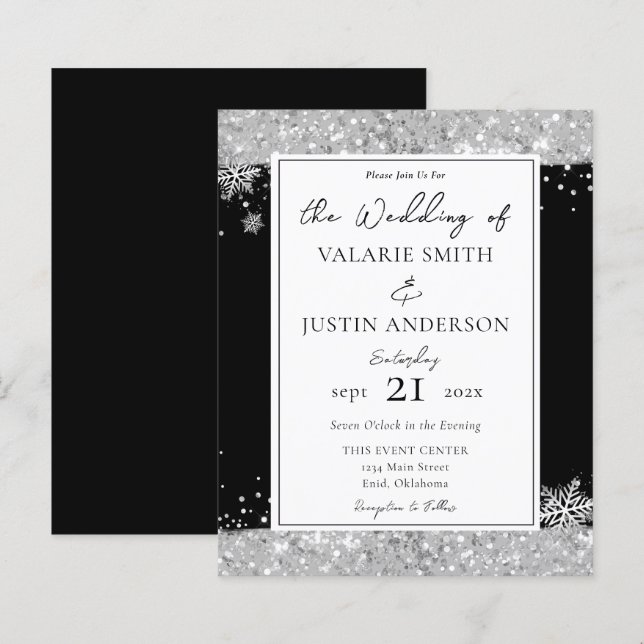 Winter Black and Silver Glitzer Einladung Hochzeit (Vorne/Hinten)
