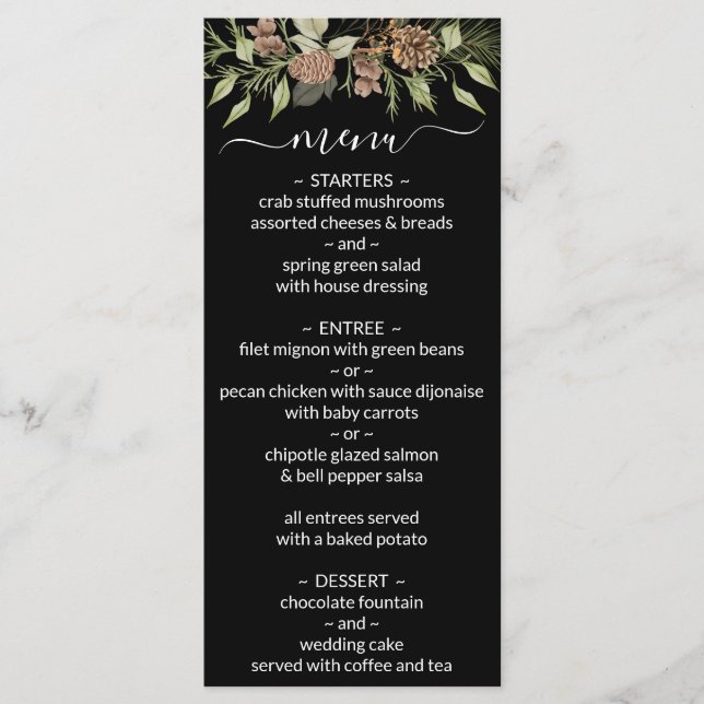 Winter Black and White Elegante Script Wedding Men Menükarte (Vorderseite)