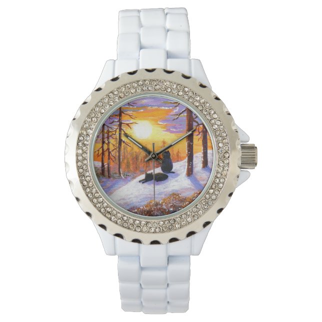 Winter Black Cats Schneewald Creationarts Armbanduhr (Vorderseite)