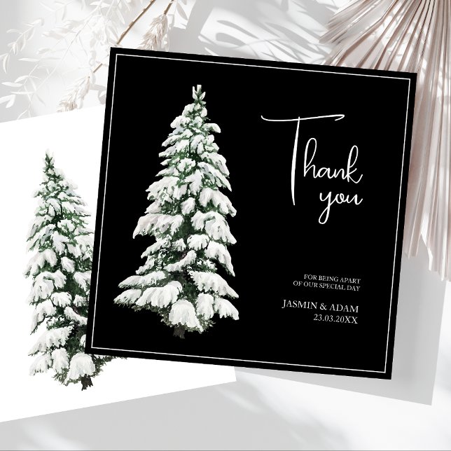 Winter Black Snow Weihnachtsbaum Hochzeit Dankeskarte (Winter Black and White Snowy Pine Tree Wedding Thank You Card)