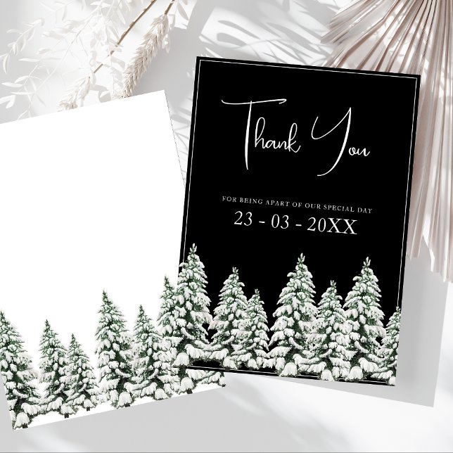 Winter Black Snow Weihnachtsbaumen Hochzeit Dankeskarte (Winter Black and White Snowy Pine Trees Wedding Thank You Card)