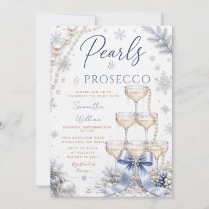 Winter-Blau-Band-Perlen- und Prosecco-Brautjungges Einladung