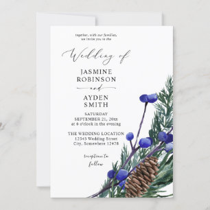 Winter Blau Beeren & Kieferngrün Hochzeit Einladung