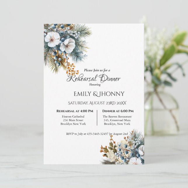 Winter Blau Boho Florales Probedinner Einladung (Stehend Vorderseite)