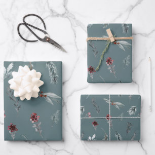 Winter Blau Fichte & Gewürzte Beeren Schiefergrün Geschenkpapier Set