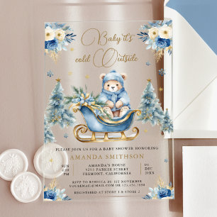 Winter-Blau-Gold-Blumen-Teddybär-Baby-Party Acryleinladungen