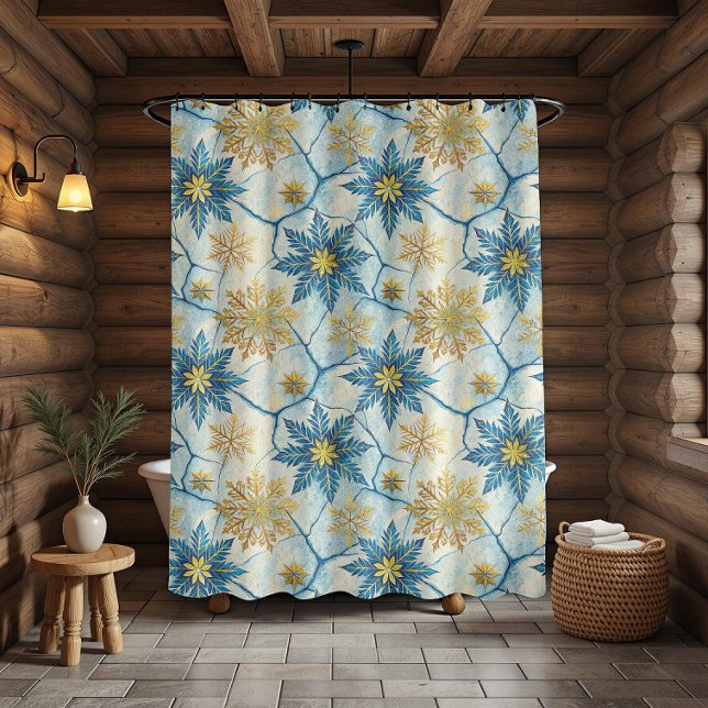Winter Blau und Gold Mattiertes Schneeflockenmuste Duschvorhang (Winter Blue And Gold Frosted Snowflake Pattern Shower Curtain)