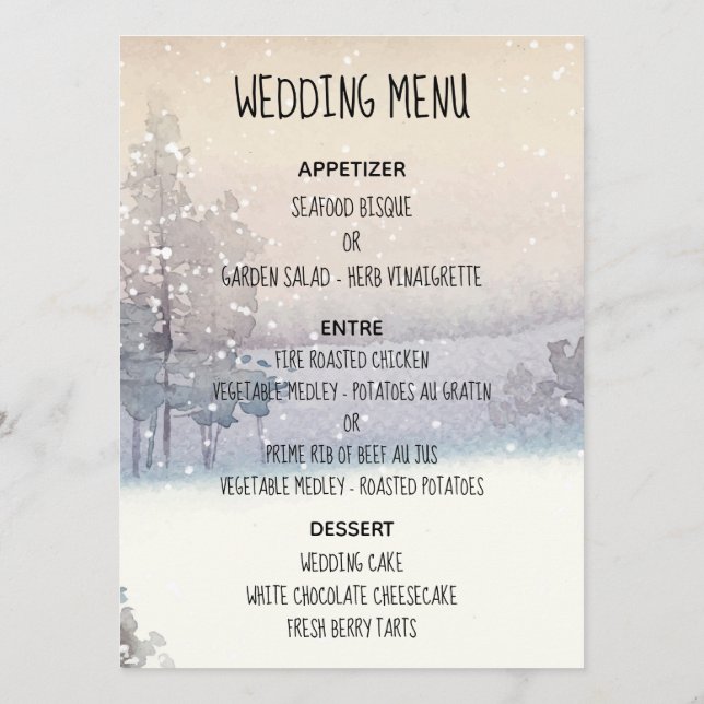 Winter Blau und Weiß Hochzeit Menükarte (Rückseite)