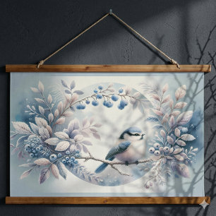 Winter-Blau-Vogel-Beeren-Kranz Wandteppich Mit Holzrahmen