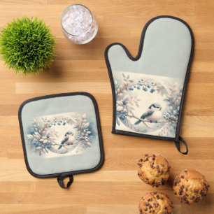 Winter-Blau-Vogel-Beerenkranz Ofenhandschuh & Topflappen-Set