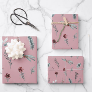 Winter Blaue Fichte & Gewürzte Beeren Staubige Ros Geschenkpapier Set
