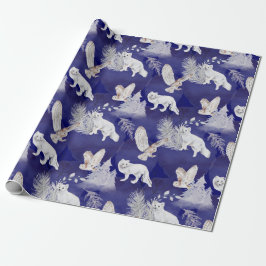 Winter Blaue Fox Owl Pine Bäume Wasserfarbe Geschenkpapier