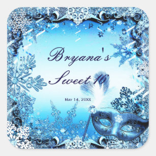 Winter Blaue Maskerade Maske & Schneeflocken Elega Quadratischer Aufkleber