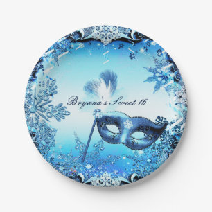 Winter-blaue Maskerade-Maske u. Schneeflocken Pappteller