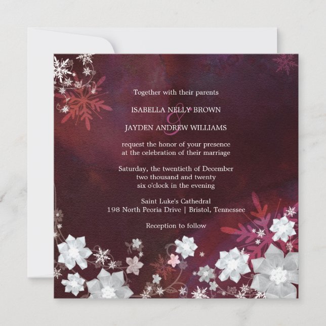 Winter Blings Merlot & White Wedding Einladung (Vorderseite)