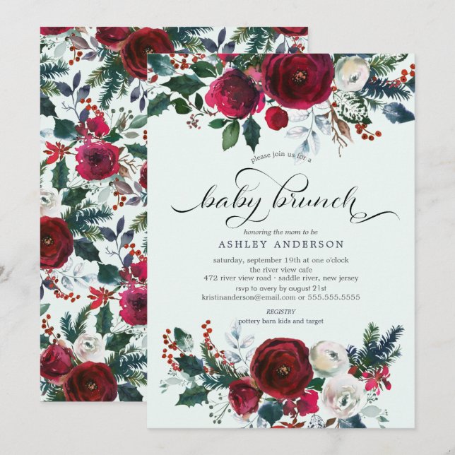 Winter Bloom Floral Baby Dusche Brunch Einladung (Vorne/Hinten)