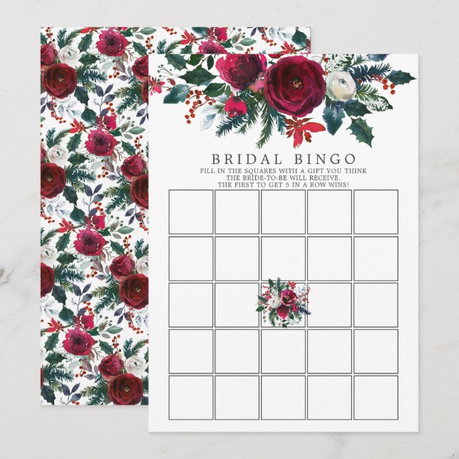 Winter Bloom Floral Brautparty Bingo Spiel Einladung (Vorne/Hinten)