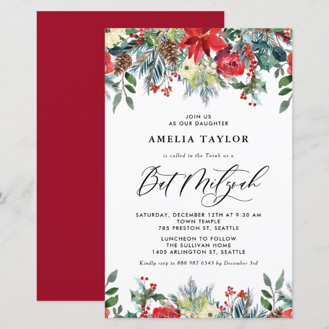 Winter Blooms Floral Bat Mitzvah Einladung (Vorne/Hinten)