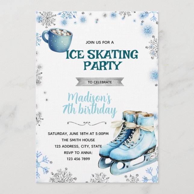 Winter Blue and Silver Skating Invitation (Devant)