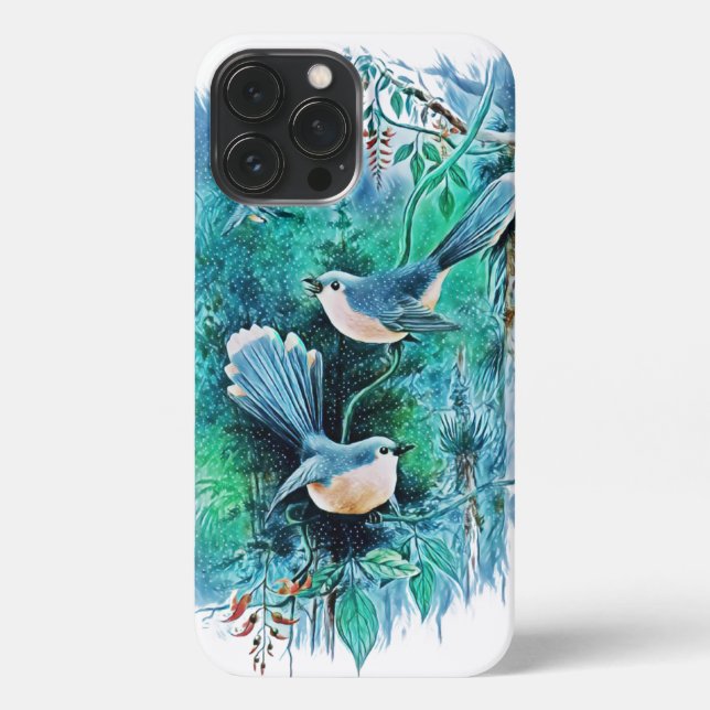 Winter Blue Birds Malerei iPhone 13 Pro Max Fall Hülle (Rückseite)