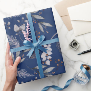 Winter Blue Blätter Berries Pine Festivals Wasserf Geschenkpapier